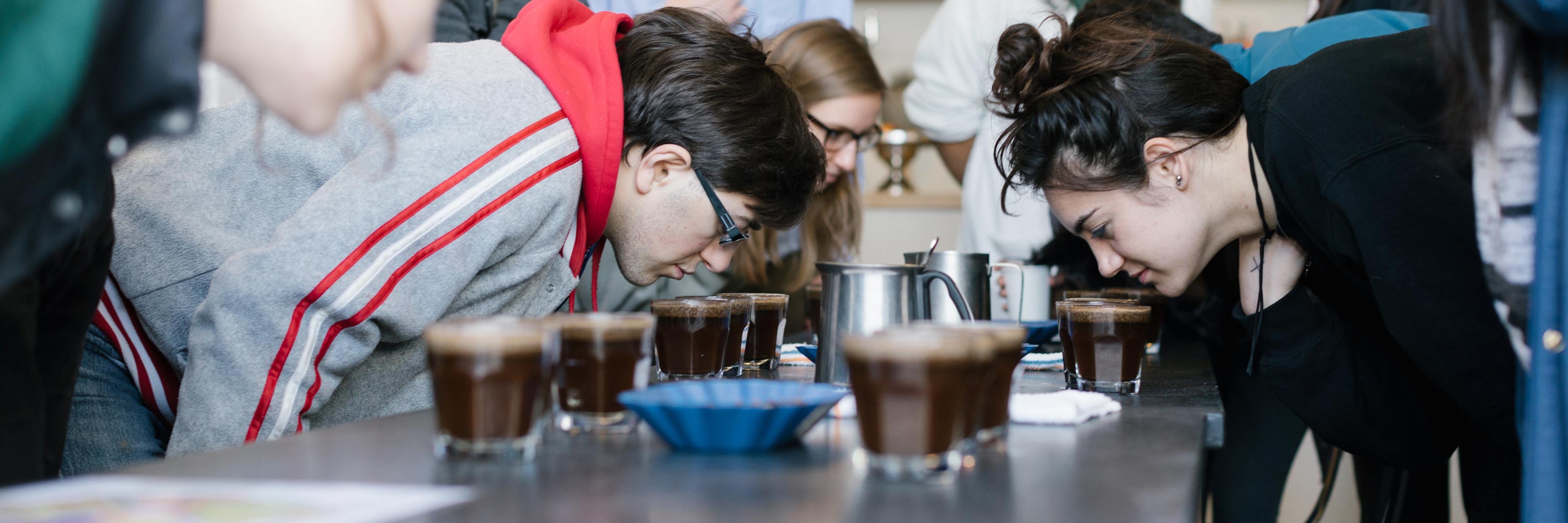 Students sniff various cups of coffee at a tasting event